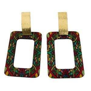 Hand-painted Gold Plated Geometric Wooden Boho Earrings